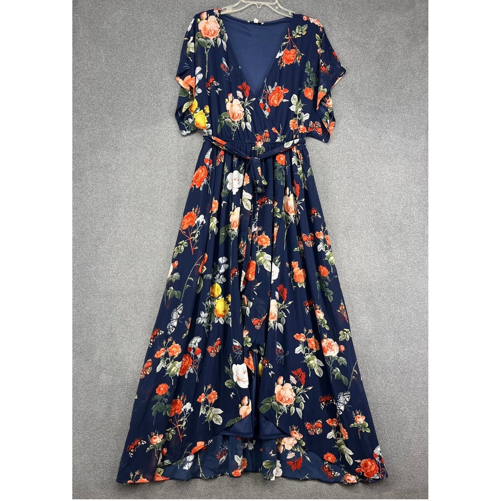 Baltic Born Maxi Dress Womens Medium Navy Floral Butterfly Wrap High Low Wedding